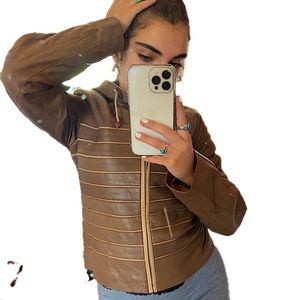 Women’s Real Turkish Leather Jacket Brown/Tan Strip Pattern